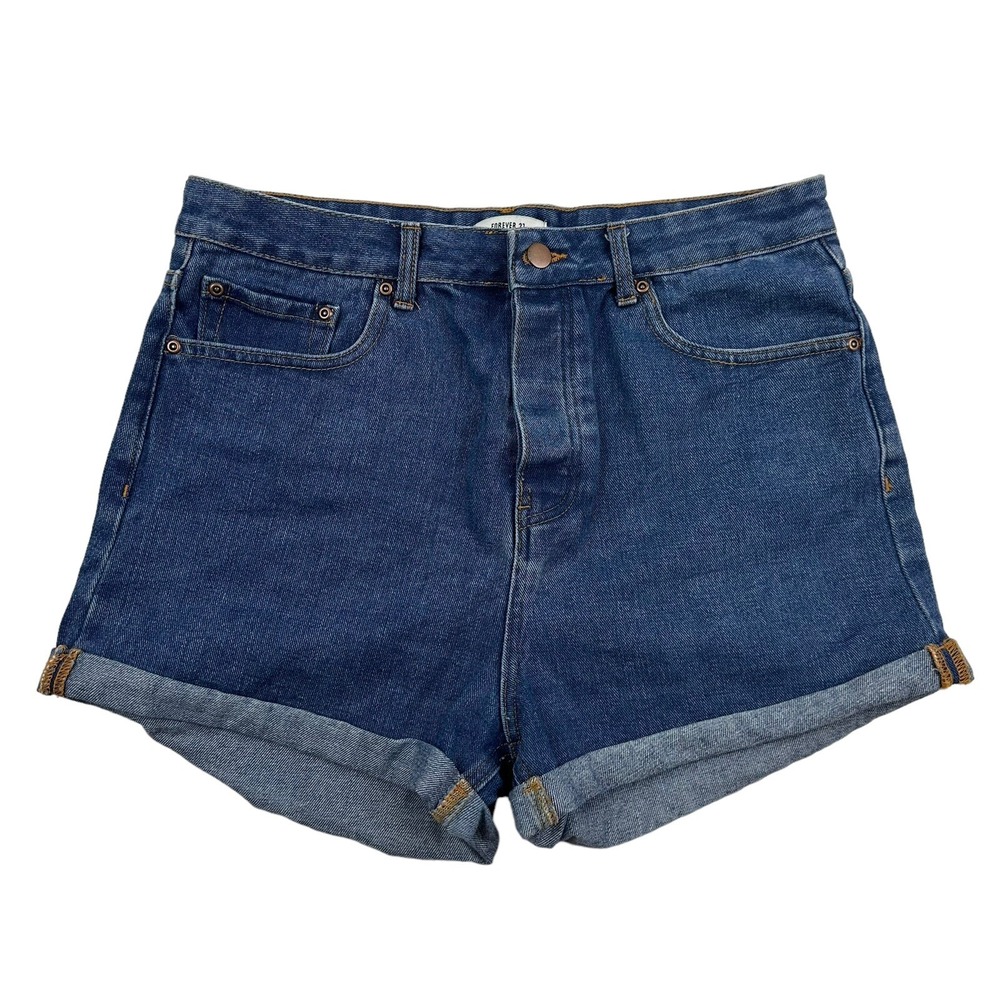 Forever21 Hi-Rise Cuffed Denim Blue Jean Shorts Sz 31 Medium Wash Cotton Blend
